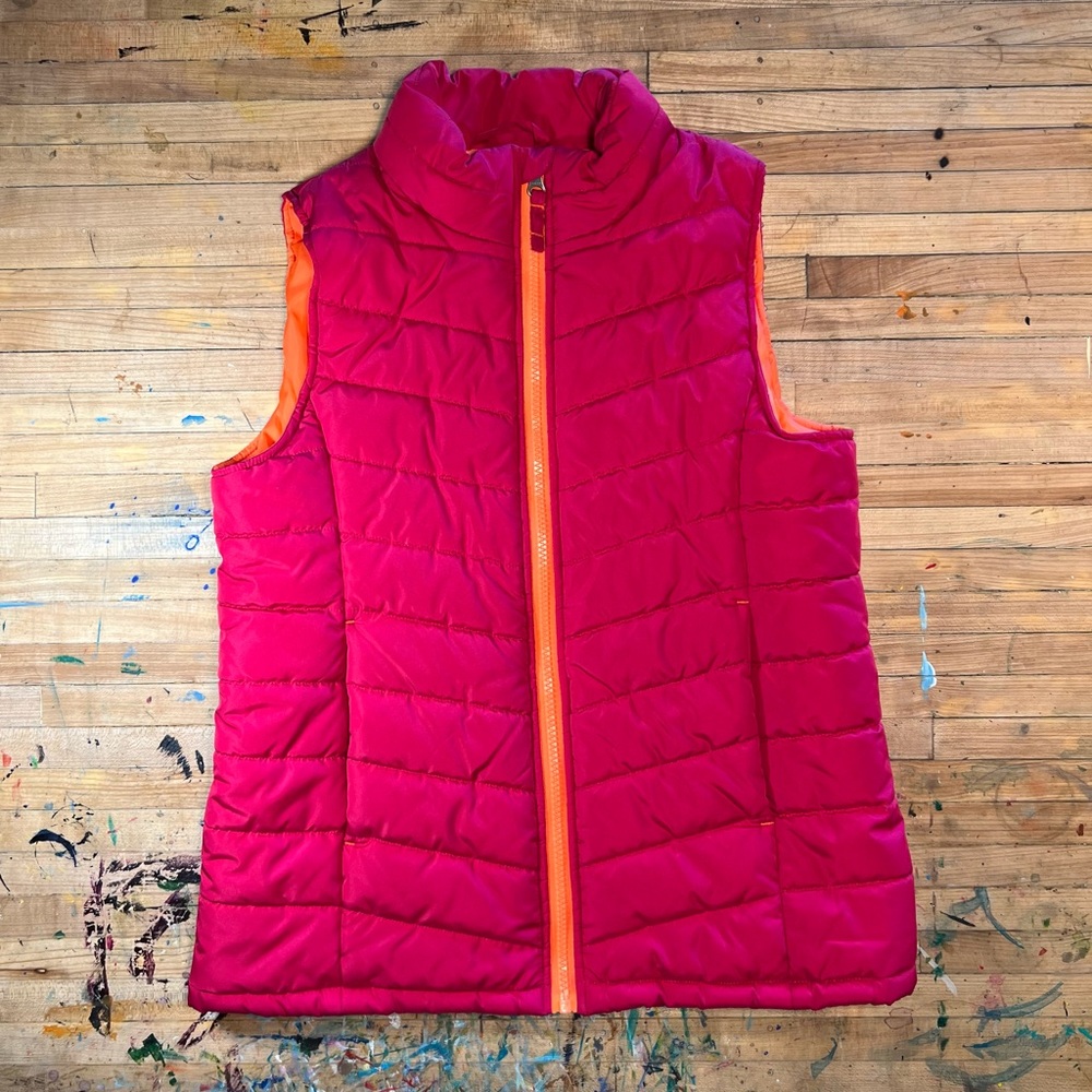 Bright Pink and Orange Lands End Puffer Vest Girls Medium 10-12